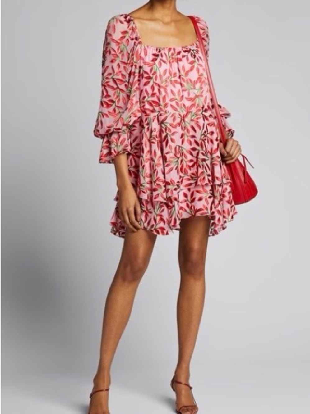 Alice + Olivia Debra Square Neck Pink Floral Ruffle Tiered Mini Dress
